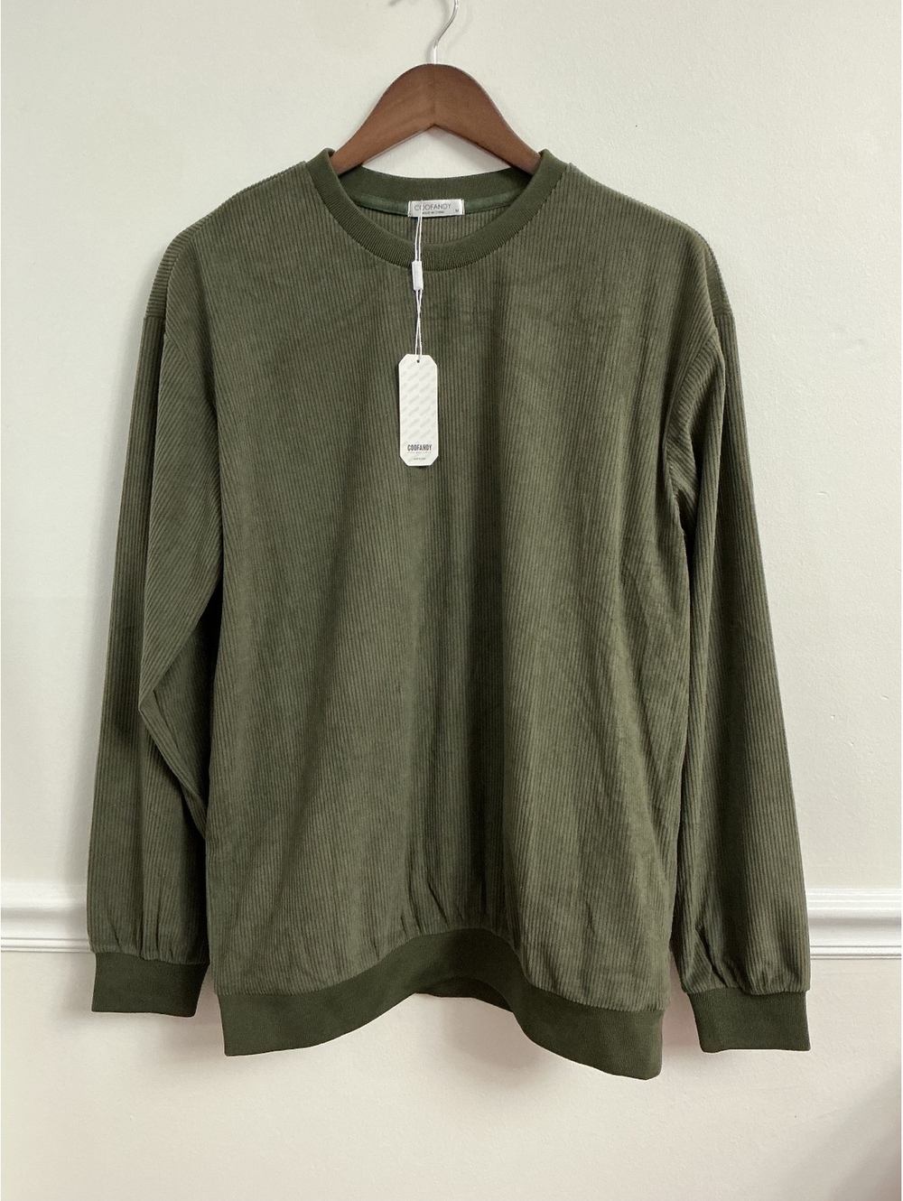 COOFANDY Men's Olive Green Ribbed Crewneck Sweatshirt